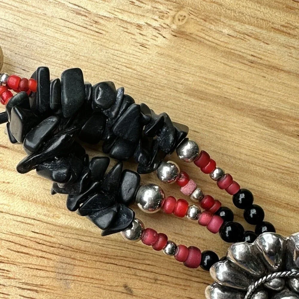 VTG‎ Flower Sterling Silver Bracelet Buffalo Nickel Clasp Black Onyx Red Beads